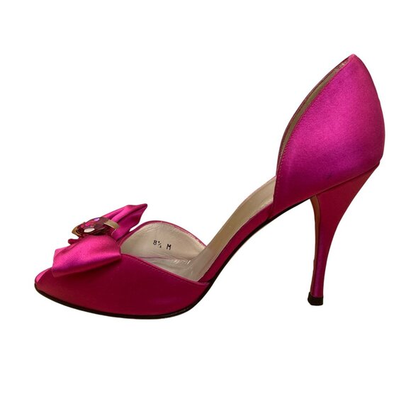 Stuart Weitzman Women’s Pink Satin Open Toe Bow Embellished DOrsay Heel Sz 8.5 - Picture 4 of 10